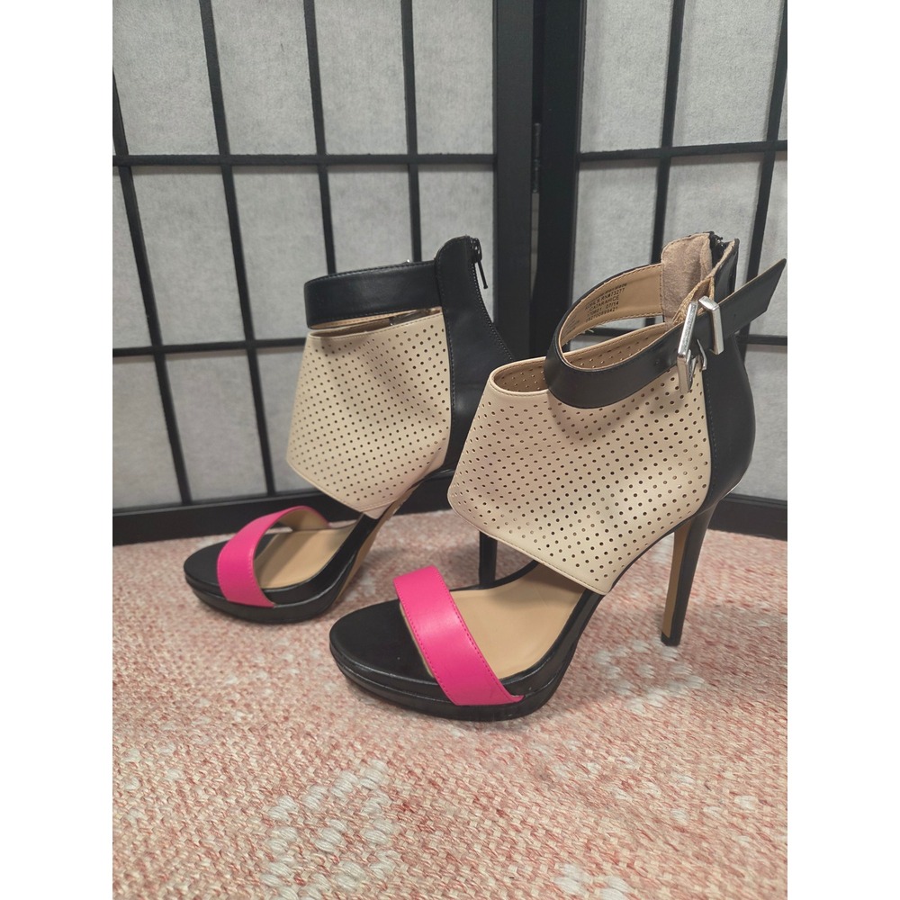 Juicy Couture Edgey Colorblock Perforated Stiletto Heels Black Pink Beige 8